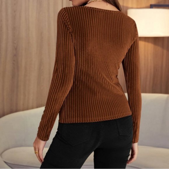 Brown Rib-knit Velvet Tee - Picture 2 of 6